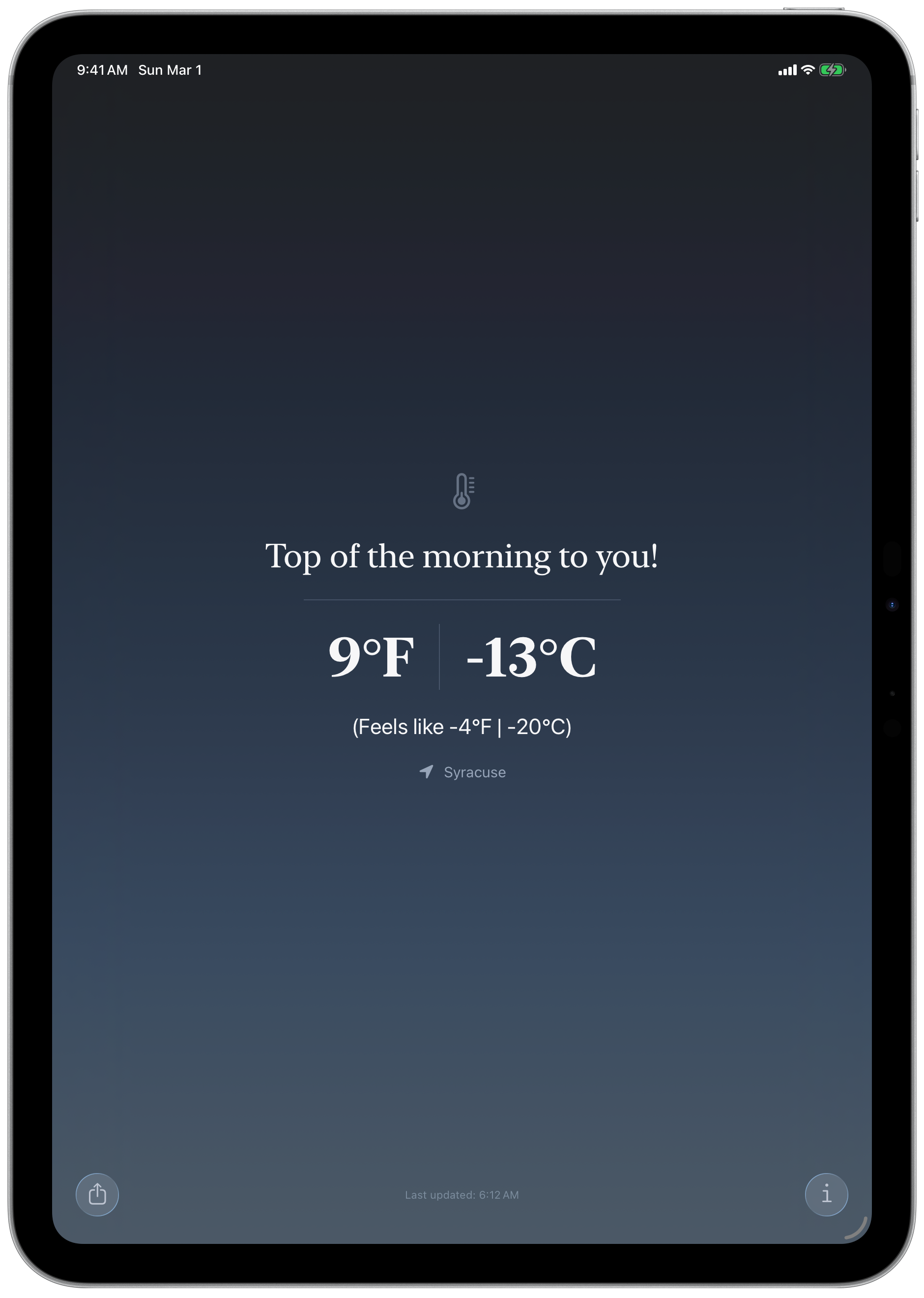 40 Below iPad screenshot in a cold morning dark theme